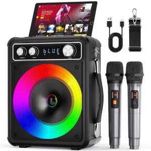 VOSOCO Karaoke Machine with 2 Wireless Microphones, Portable Bluetooth Speaker for Adults Kids, PA Systems Support TWS Echo Adjust TF USB AUX for Home Party Outdoor Travel (T03-2 MICS)