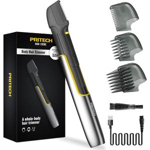 Body Hair Trimmer Groin Hair Trimmer for Mens Rechargeable Pubic Hair Trimmer for Men Body Shavers for Men Body Hair Groomers Back Shavers Back Hair Trimmer for Mens Bikini Trimmers by PRITECH (Grey+yellow)