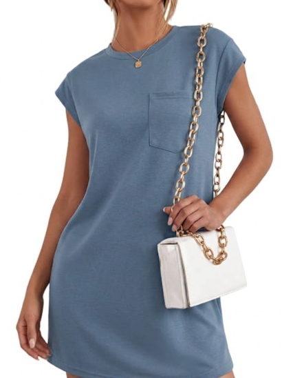 KIRUNDO Summer Dresses for Women 2026 Cap Sleeve Tshirt Dress Spring Mini Shift Sundress Loose Beach Outfits with Pockets(Dusty Blue, X-Large)