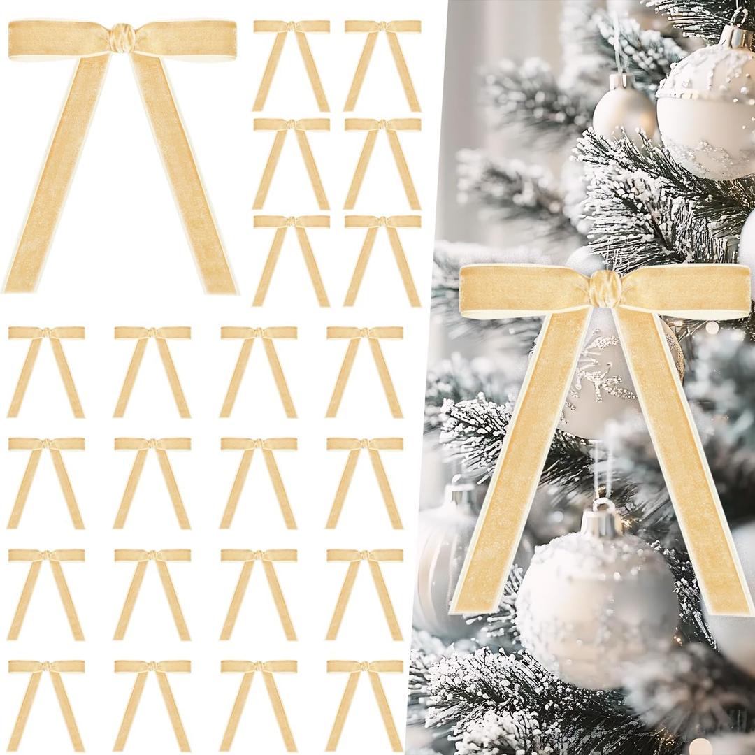 Artmag 24 Pcs Velvet Bows for Christmas Tree Rustic Bows Velvet Christmas Ornaments for Door Garland Wreath Gift Party Holiday Decoration (Width of 1 Inch,Beige)