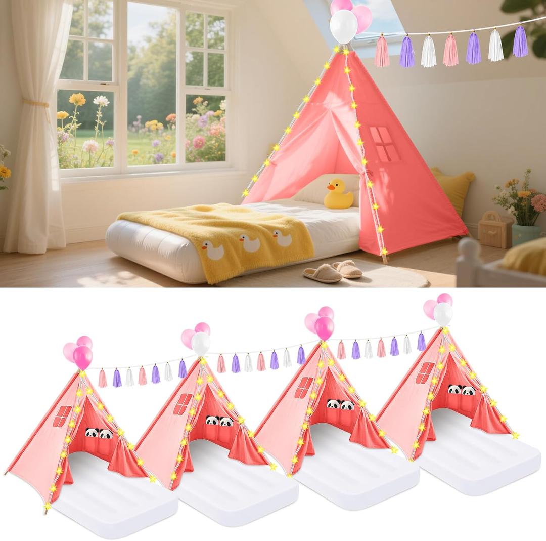 PLULON 4 Pack Teepee Tent for Kids Girls Slumber Party Tents Bulk Kids Sleepover Tent with Inflatable Airbed and Decorations Play Teepee Indoor Outdoor