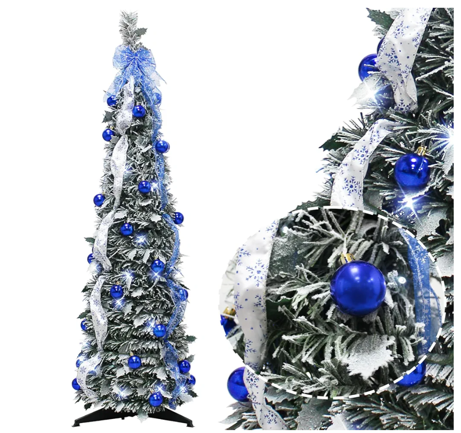 4FT Pop up Christmas Tree for Indoor Decoration Pre-lit Mini Christmas Tree with 60 Lights, Green Artificial Pencil Tree Collapsible Tinsel Pop up Snowy with Blue Bow Christmas Ball