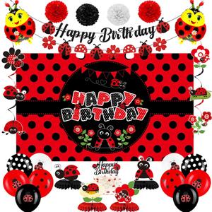 Vlipoeasn Ladybug Decorations for Girls - Red & Black Ladybug Birthday Banner, Balloons, Cake Topper, Honeycomb, Swirl Flag & More
