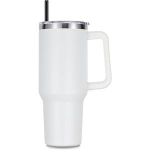 DOMICARE 40 oz Tumbler with Handle and Straw, Stainless Steel Tumbler with Lid and Straw, Reusable Vacuum Insulated Cup, Travel Coffee Mug, White, 1Pack