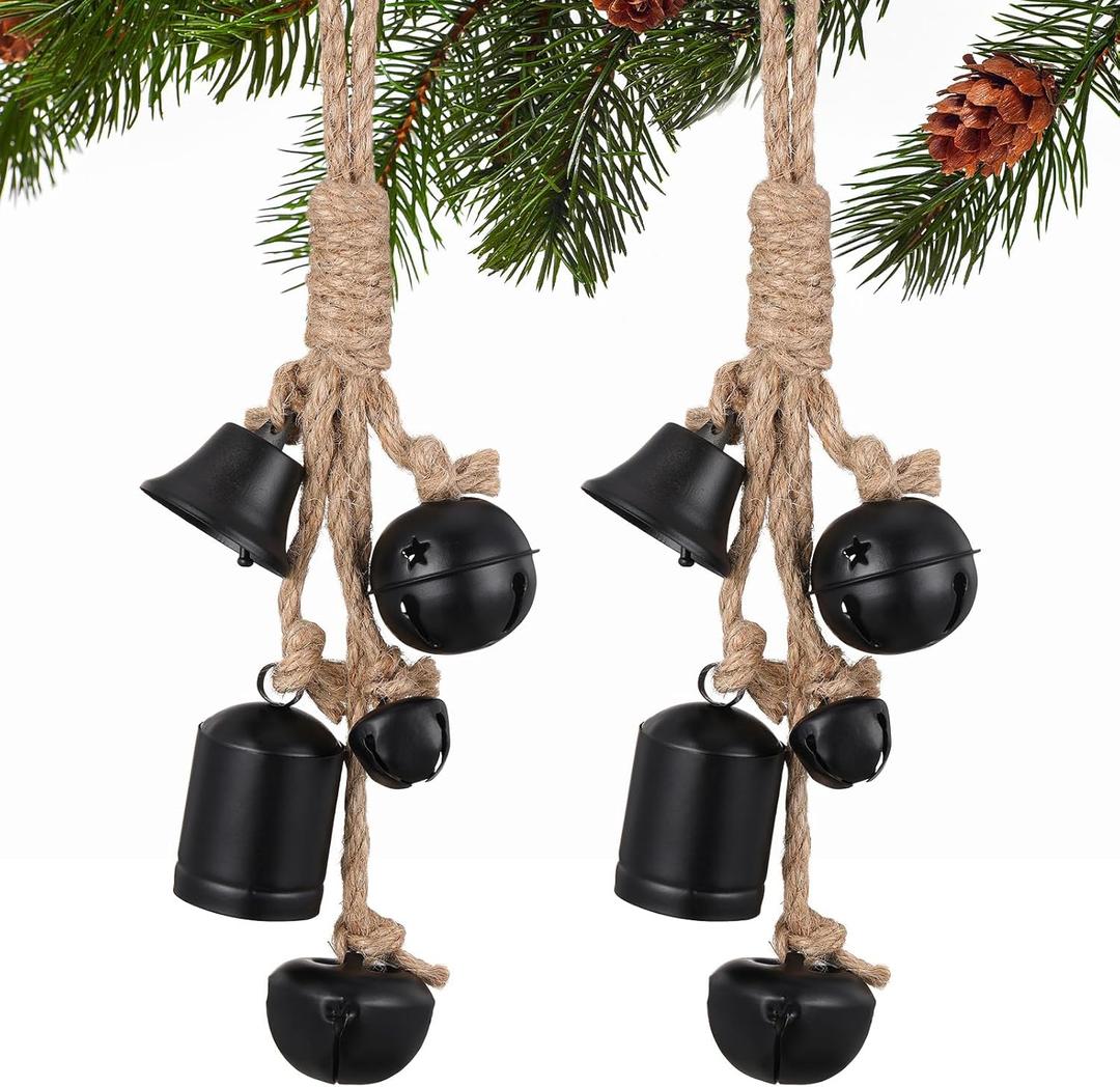 Woanger 2 Pcs Black Christmas Cow Bells Rustic Metal Witch Bells Iron Christmas Decor with Rope Vintage Decor Decorative Hanging Ornaments for Garden Home(Classic Style,Black)