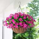 Ivydale Artificial Silk Hanging Plants Flowers Basket for Outdoor Outside Summer Decoration, Fake Faux UV Sun Resistant Look Real Morning Glory Fuchsia for Porch Patio Balcony Home