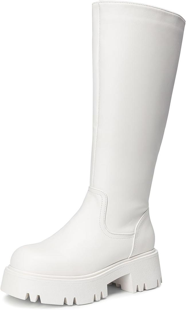 DREAM PAIRS Knee High Boots, Comfortable Chunky Platform Round-Toe Side Zip Boots for Women (6, White)