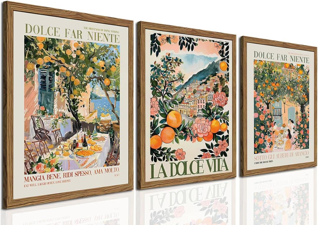 Italy Travel Wall Art Set of 3, Amalfi Coast Wall Decor, Trendy Italian Food Kitchen Poster Canvas Prints, Vintage City Landscape Artwork for Dining Room Living Room 12x16 inch Wood Framed (16L" x 12W")