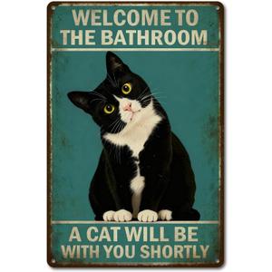 4 x Funny Cat Bathroom Sign for Cat Lovers - "A Cat Will Be With You Shortly" Vintage Wall Art, Unique Gift 8x12 Inch (2908)