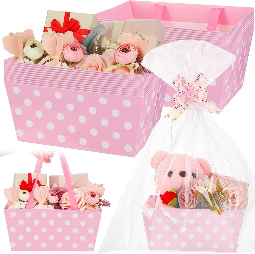 Moinchore 12 Set Pink Basket for Gifts Empty 9.8x6.5'' Pastel Pink Dot Market Tray Cardboard with Bows, Cellophane Bags, Twist Tiles, Empty to Fill for Wedding Birthday Valentine's Day Party Supplies