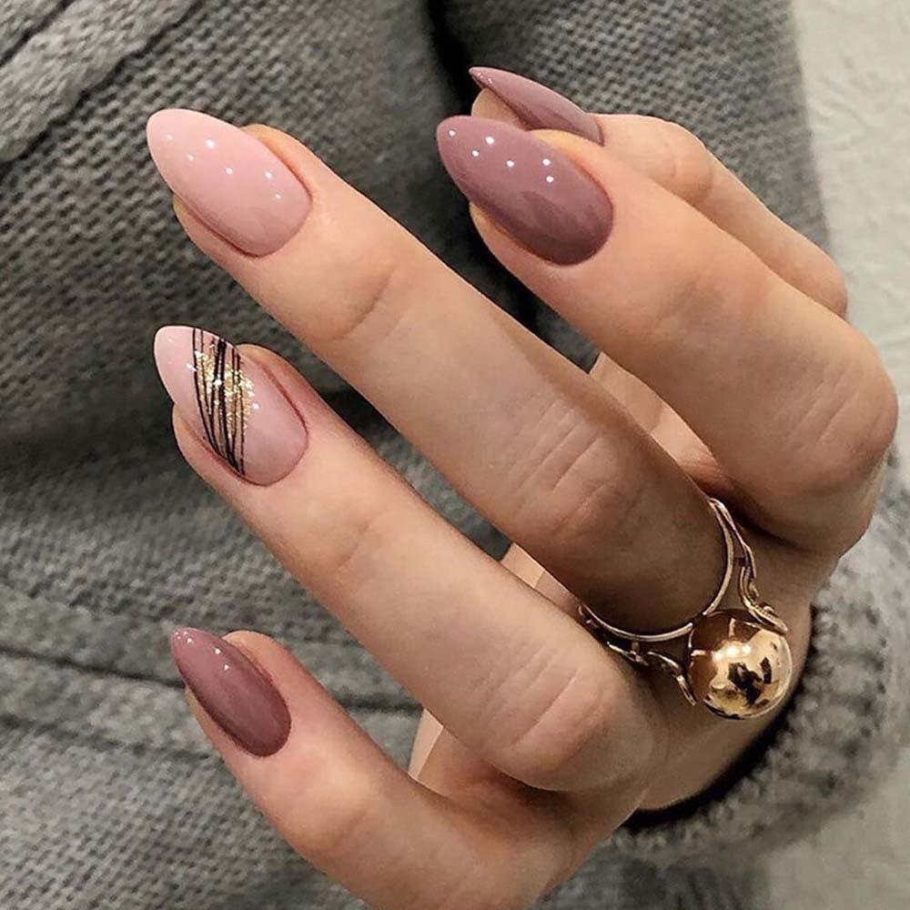 Press on Nails Short Almond Brown Fake Nails with Pink Design fake nails for Women Girls Acrylic False Nails Reusable stick on nail Full Cover Manicure Press on Nail for Wedding 24Pcs