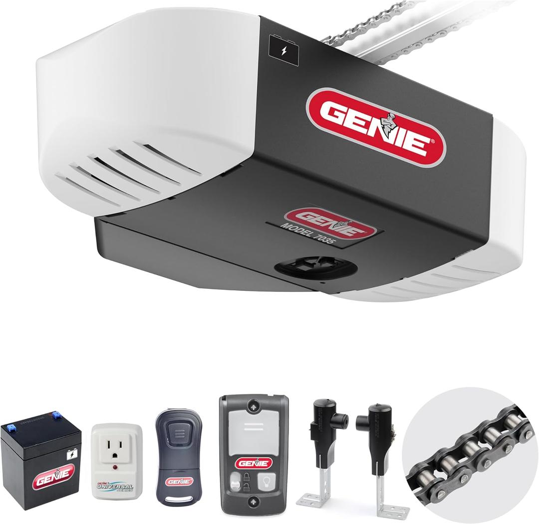 Genie Chain Drive 750 Garage Door Opener with Battery Backup, Surge Protector, and one Single-Button Garage Door Remote