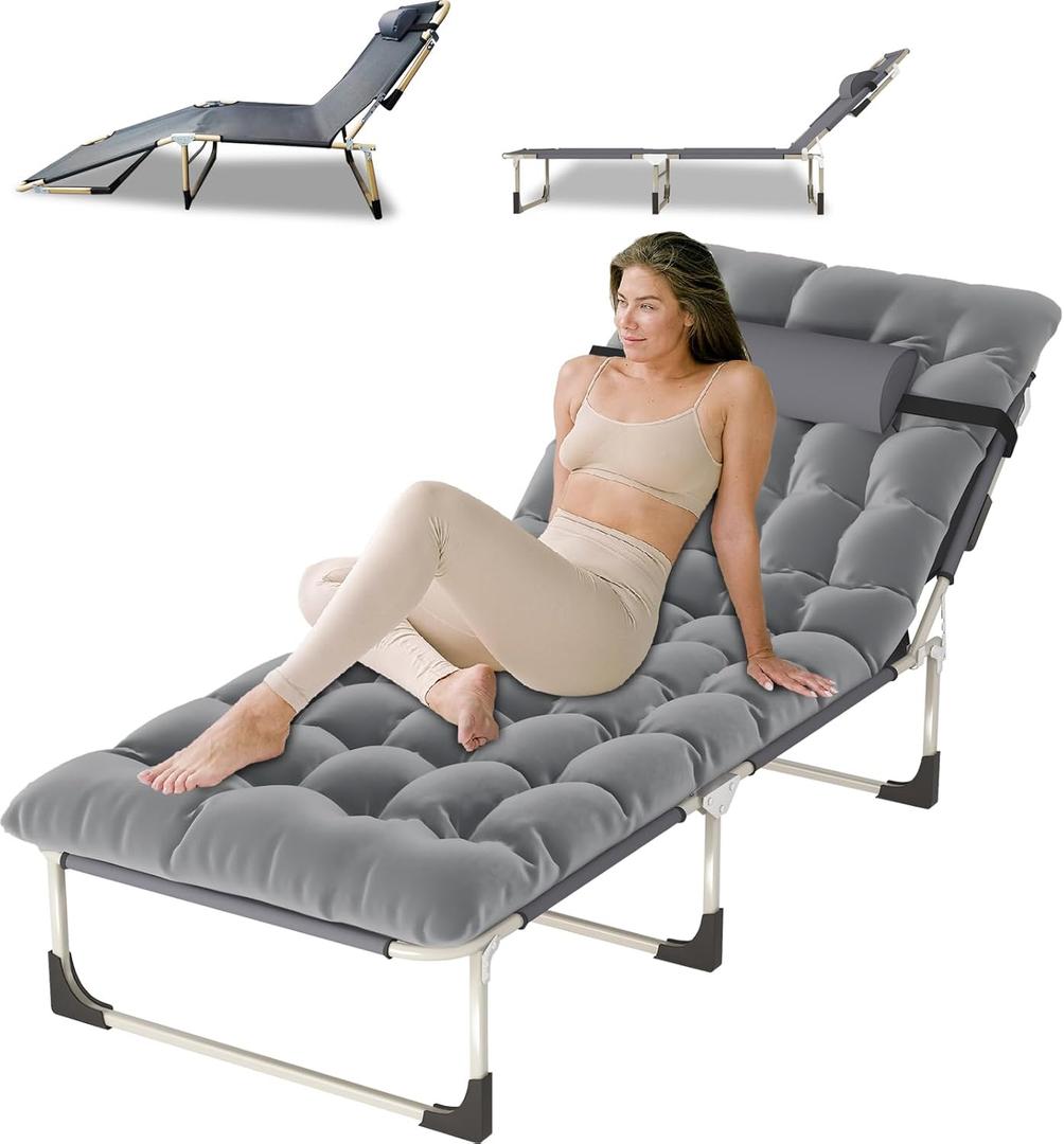 Portable Folding Camping Cot, Oversize 28.7in Adjustable 5-Position Adults Reclining Lounge Chairs with Pillow, 500 lb Weight Capacity, Heavy Duty Oxford Cloth 800D with Mattress (73.6 x 28.7 x 12 inches)
