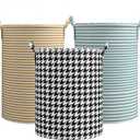 Harborway 3 Pack Laundry Hamper Collapsible Large Waterproof Cotton Linen Clothes Hamper with Handles Freestanding for Home Dorm Bathroom Bedroom Campin (Art Deco)