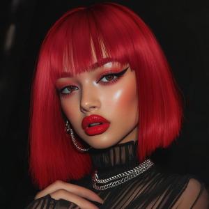 quickwig Short Bob Wig with Bangs Red Wig Colored Wigs Heat Resistant Synthetic Mermaid Wig Party Cosplay Halloween Neon Wigs for Women (12 Inch)