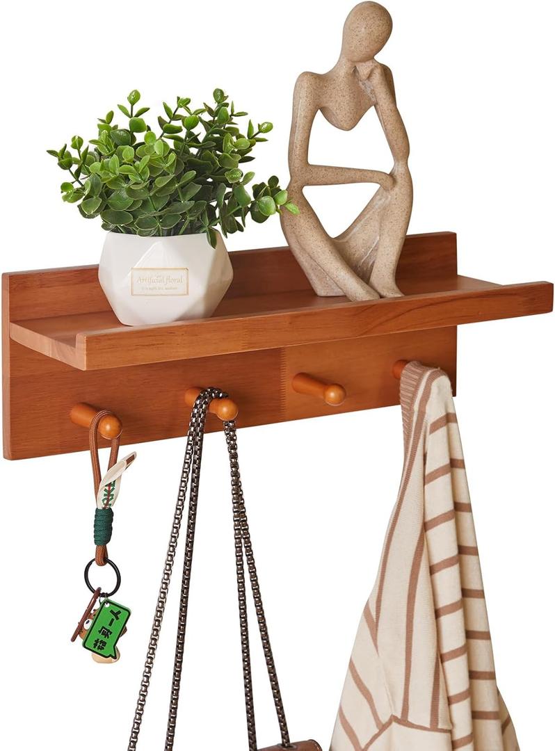 Wall Mounted Hook with Shelf,15.75in Entryway Wall Hanging Shelf, Solid Wood Coat Hooks, for Bathroom, Kitchen, Cherry Wood Color YD-WS0240C