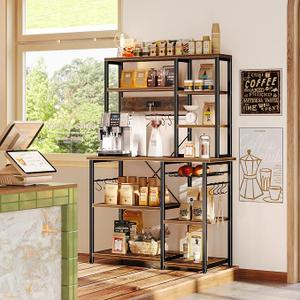 SUPERJARE Large Bakers Rack with Power Outlets, 39.6 Inches Microwave Stand Coffee Bar with 6-Tier Storage, 12 S-Shaped Hooks, Kitchen Shelf with Wire Basket, Rustic Brown, Size: 39.4inch