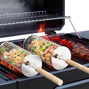 Rolling Grill Baskets (2PCS), Removable Wooden Handle, 304 Stainless Steel, Nesting Grilling Net, BBQ Accessories Tools for Vegetable Shrimp, Outdoor Cooking Camping, Birthday Gifts for Men Dad Husband