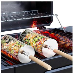 Rolling Grill Basket, Removable Wooden Handle, 304 Stainless Steel, Nesting BBQ Tools, Smoker Grilling Accessories for Vegetable, Outdoor Cooking Camping, Birthday Gifts for Men Dad Husband