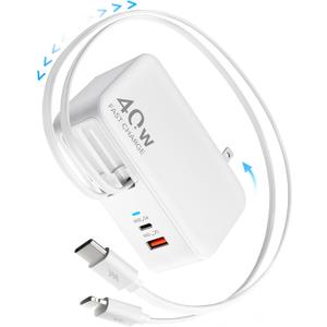 Hatalkin 4-in-1 Retractable Wall Charger Plug with Dual USB Ports and 35.5in/90cm Lightening and Type-C Cables,40W Fast Charging Foldable Block for iPhone 16/15/14/13/12/11,iPad,Galaxy,Pixel