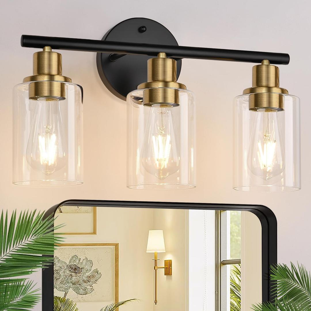 3-Light Bathroom Light Fixtures, Black and Gold Bathroom Wall Lights, Modern Vanity Light with Clear Glass Shade, Bathroom Wall Lamp for Mirror Kitchen Bedroom Hallway Cabinet