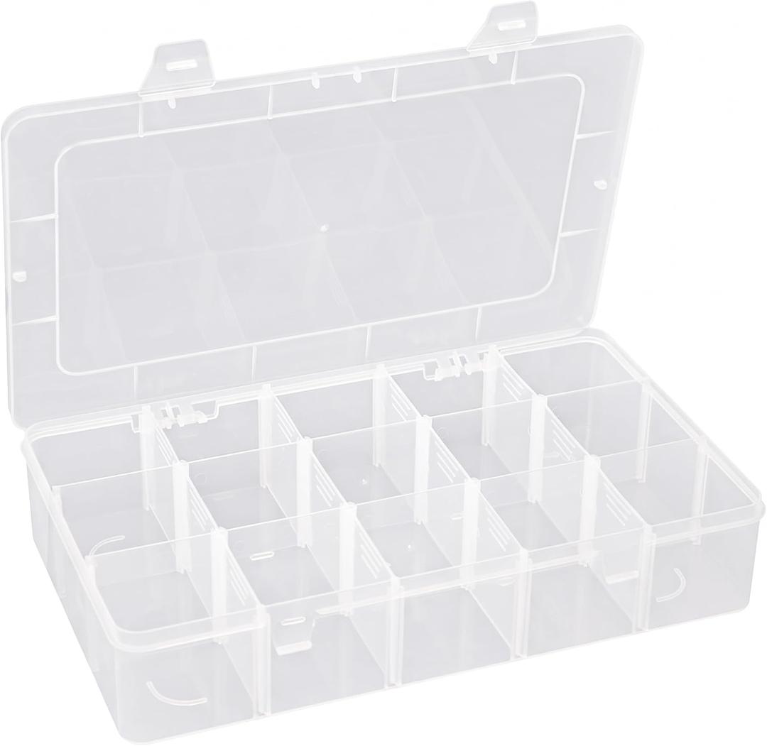 Hlotmeky Plastic Organizer Box with Dividers Bead Organizer 15 Large Grids Tackle box Organizer Clear Snackle Box Container