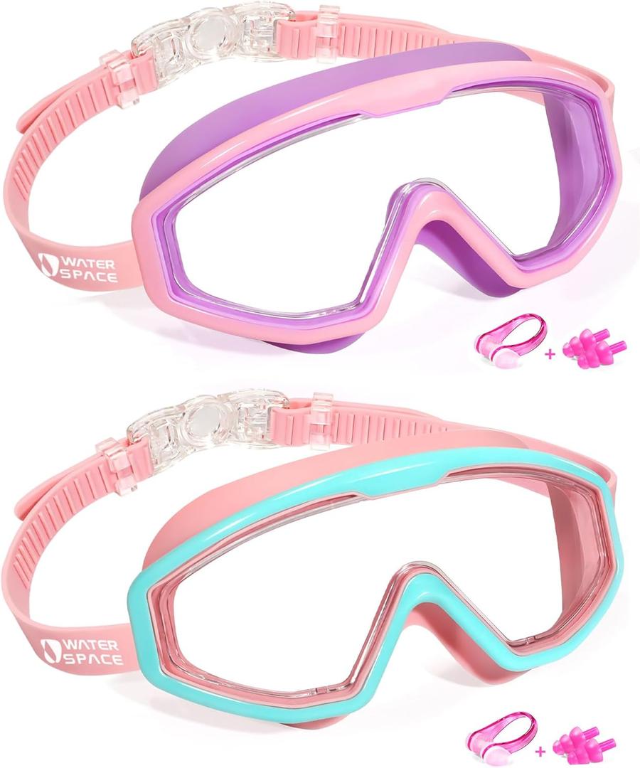 Water Space 2 Pack Swimming Goggles for Kids Boys Girls 3-15, Wide Vision Anti-fog UV Protection and Waterproof