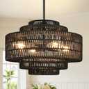 18" 4-Light Boho Black Rattan Chandelier Dining Room