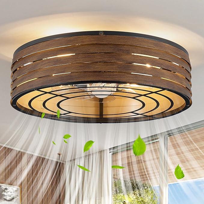 20'' Flush-Mount Ceiling Fan with Dimmable Light and Memory Remote Control, Reversible Motor, Perfect for Bedroom, Kitchen, Outdoor Gazebo, Patio, Low-Profile Woodern Walnut Design Cage