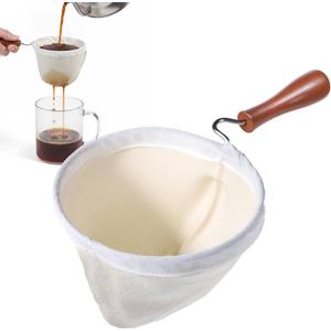 1Pcs Coffee Sock Strainer with Wooden Handle, 7.7 x 4.5 inches Washable Reusable Cloth Coffee Filter Cloth Strainer for Home Office Use