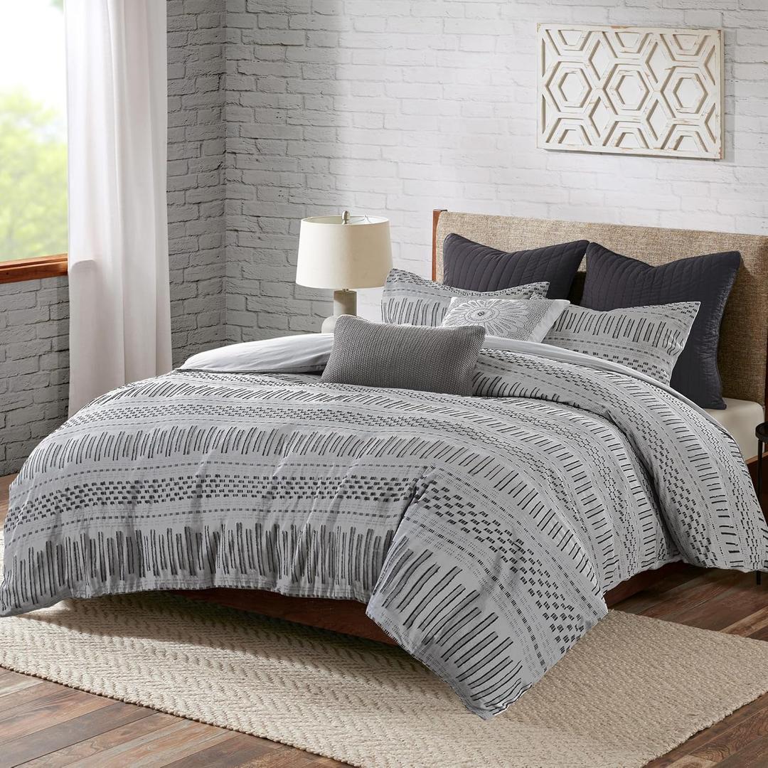 INK+IVY Rhea Luxurious Cotton Bedding Set - Mid Century Trendy Geometric Design, All Season Cozy Cover With Matching Shams, Grey/Black Comforter Set, Full/Queen 3 Piece
