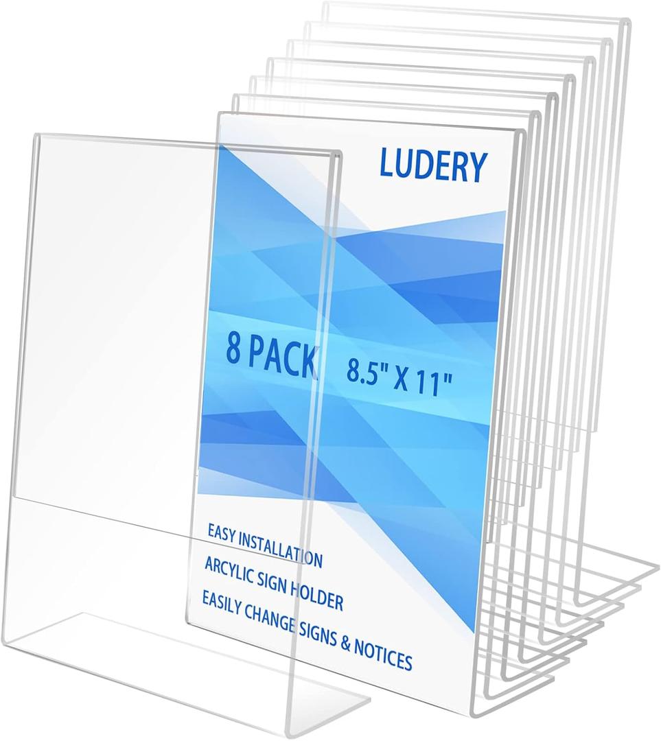 8.5x11 Inches Acrylic Sign Slant Back Holder, Plastic Display Stand,Brochure Holder, Table Top Sign Holder For Office, Home, Store, Restaurant (8pack)
