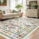 Deerly Boho Floral Rug 6x9 Vintage Colorful Washable Non-Slip Living Room Carpet Soft Low Pile Thin Bedroom Floor Mat Indoor for Dining Room Playroom Nursery Farmhouse, Beige/Green/Multi