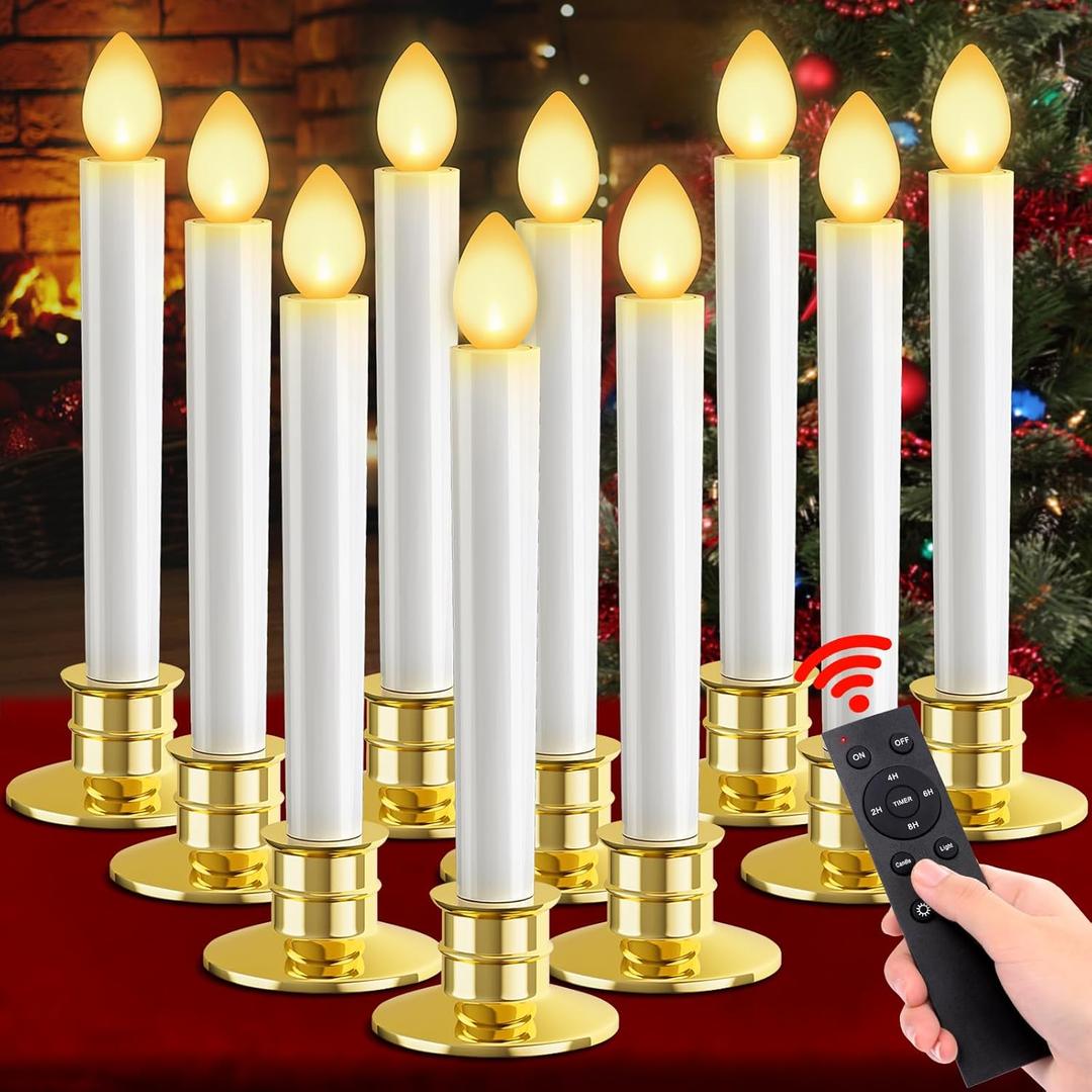 10 Pack Christmas Window Candles Lights Battery Operated Candle Flameless Candles with Remote Control Timer Gold Holders LED Candle for Party Thanksgiving Xmas Table Top Window Christmas Decorations