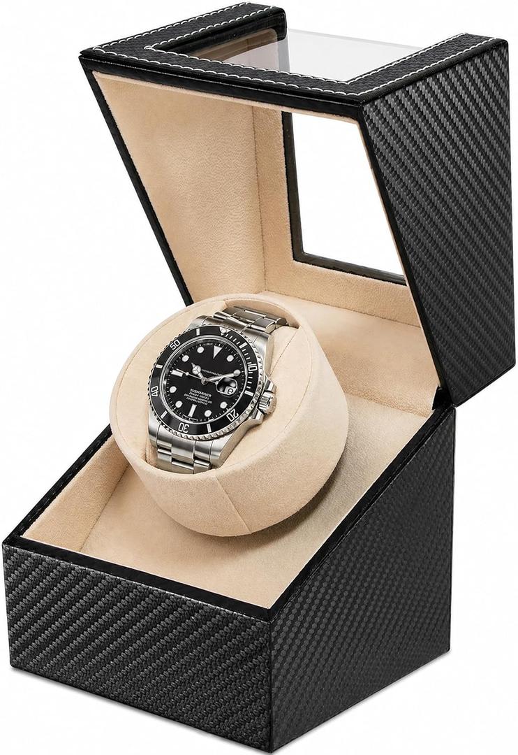Automatic Single Watch Winder for Rolex and Other Luxury Watches - Premium Black Carbon Fiber Leather, Japanese Quiet Motor, Battery Powered or USB Powered, Gift for Men & Women