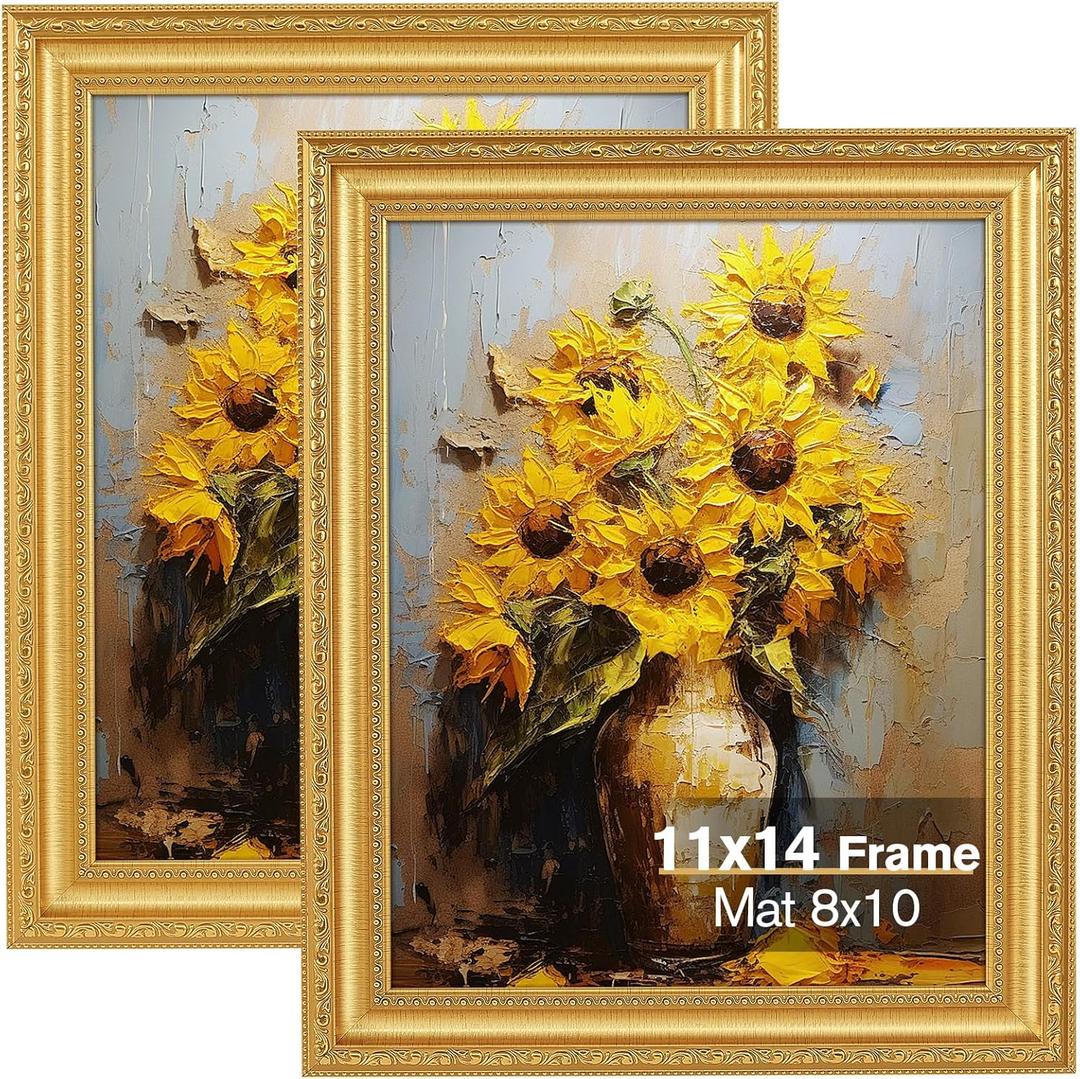 11x14 Gold Picture Frame Set of 2, Ornate Vintage 11x 14 Photo Frame for Wall Decor or Tabletop Display, 11 x 14 Gold Frames with Real Glass, Display 8x10 Pictures with Mat or 11x14 without Mat for Antique Dco