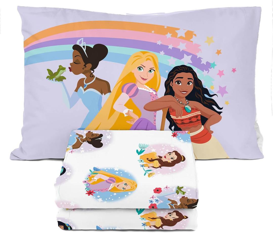 Sunny Side Up Disney Princess Twin Sheet Set - 3 Piece Kids Bedding Set Includes Pillow Cover  Super Soft Rainbow Microfiber Sheets Features Moana, Belle & Rapunzel
