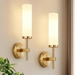 [Hardwired] Wall Sconces Set of Two, Brushed Gold Bathroom Sconces with Milky White Glass, Modern Wall Light Fixtures for Bathroom Mirror Vanity, Living Room, Hallway, Stairway, Cabinet, Foyer