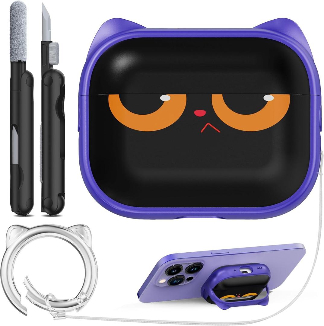 RFUNGUANGO is Compatible with AirPods Pro 3 Protective case, with Mobile Phone Holder Function, Suitable for AirPods Pro 3 Protective case,Purple + Cartoon Cat Head