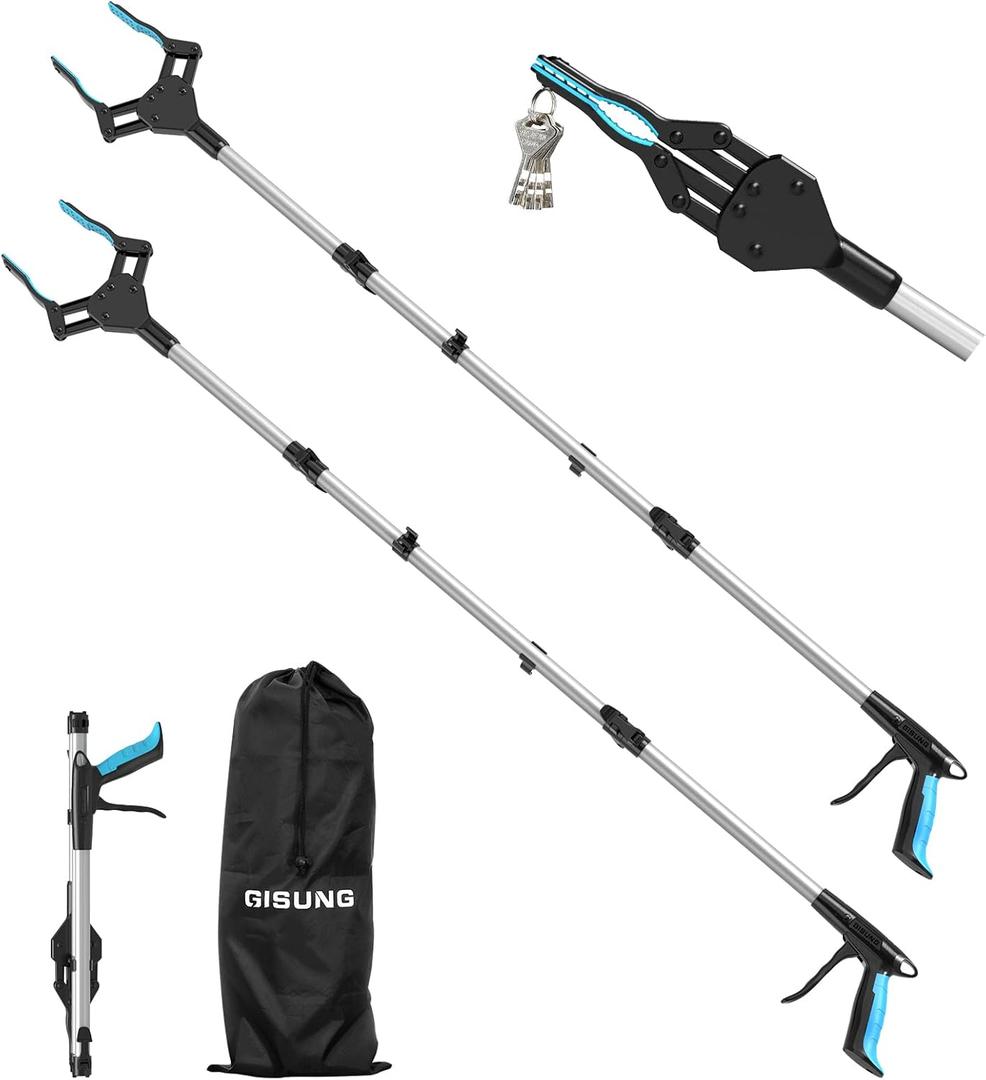 Grabber Reacher Tool Heavy Duty, 2-Pack 44" Foldable Grabbers for Elderly with Upgraded Rotating Anti-Slip Jaw & 2 Drawstring Bags, Strong Magnetic, Sturdy Reaching Assist Tool for Trash Pick Up, Aid