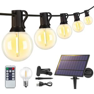 Larkvue 25FT Solar String Lights Outdoor with Remote, Waterproof Dimmable 3 Modes Patio Lights with 10+1 LED Shatterproof G40 Bulbs for Backyard-Black