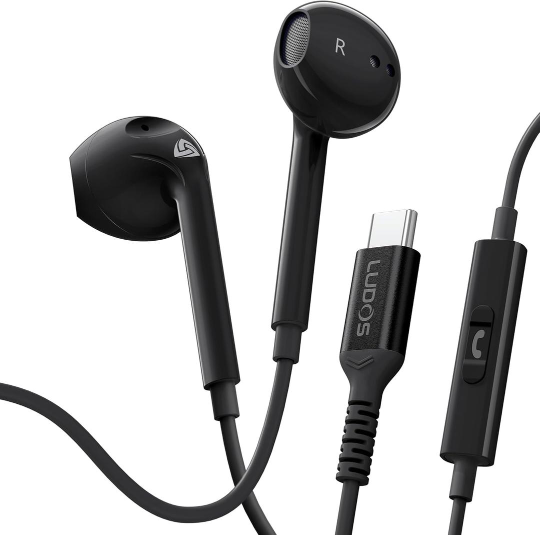 LUDOS Zenith USB C Headphones for iPhone 17 16 15 Pro Max Plus Air iPad Pro Air, USB-C Earbuds for Galaxy S24 S23 Ultra S22 S21 S20 A55 A54 A53, USB Type C Earphones - Black