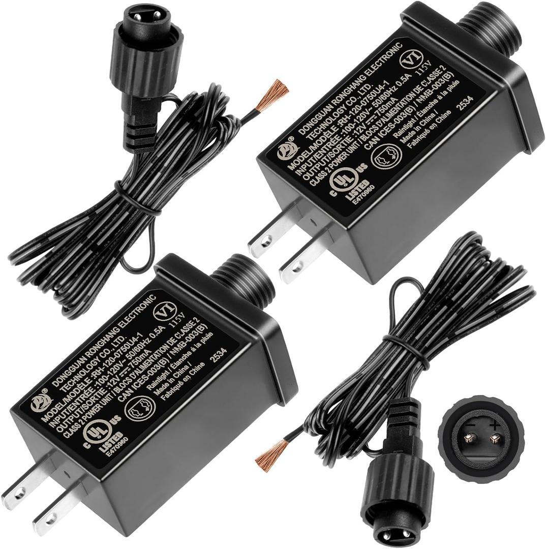 2Pack 12V 0.75A Replacement Yard Inflatable Adapters Class 2 Power Supply with 2 10ft Extension Cords Transformer US Plug for LED String Lights Christmas Halloween Decoration