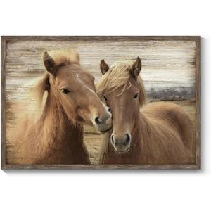TAR TAR STUDIO Bedroom Rustic Horse Wall Art : Framed Western Pictures Brown Wild Animal Vintage Prints Farmhouse Painting for Kitchen Bathroom Living Room, 24"L x 16"W