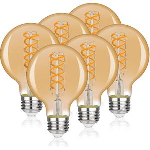G25(G80) LED Globe Vintage Edison Bulbs, Antique Flexible Spiral LED Filament Light Bulb, 6W Equivalent to 60W, 600LM, Warm White 2500K, E26 Base, Dimmable with 80+ CRI, Amber Glass, 6Pack (2500k-amber Glass-6p)