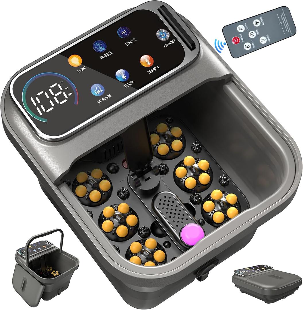 Collapsible Foot Spa Bath with Heat and Massage, Motorized Shiatsu Foot Massager Tub for Plantar Fasciitis & Stress Relief, Temp Control, Bubbles, Remote, Pedicure Spa at Home