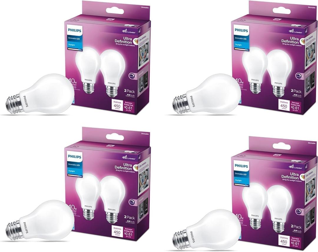 PHILIPS LED 60W A19 8-Pack Ultra Definition Daylight (5000K) 800 Lumen (8W = 60W) Dimmable Frosted Flicker-Free Light Bulbs