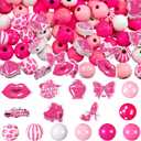 Waydress 200 Pcs Pink Wooden Beads for Crafts 16mm Large Printed Wood Beads Bulk with Bows Disco Ball Charms for Hair Keychain Making Bachelorette Party Birthday Decor Pen DIY Garland