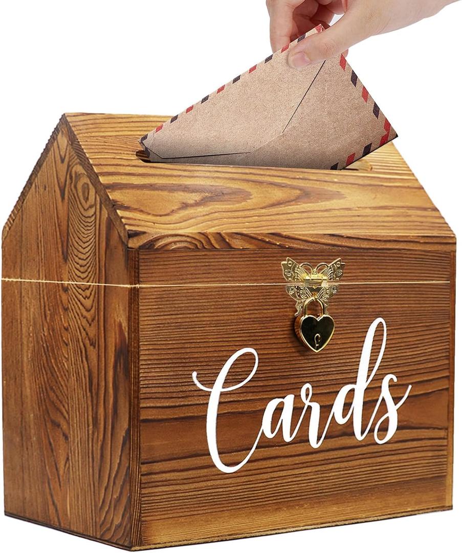 Card Box Wedding Card Box for Reception, Vintage Large Wedding Gift Card Holder Box with Heart Lock, Big Wedding Card Envelope Holder Box with Lid Wood Card Box for Wedding Party (Size 5)