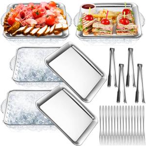 Baderke 4 Set 9" Chilled Serving Tray for Parties with Compartments Ice Chilled Party Platter Charcuterie Serving Board Cold Dish Dip with Forks Tongs for Fruit Seafood Vegetable Appetizer (Silver)